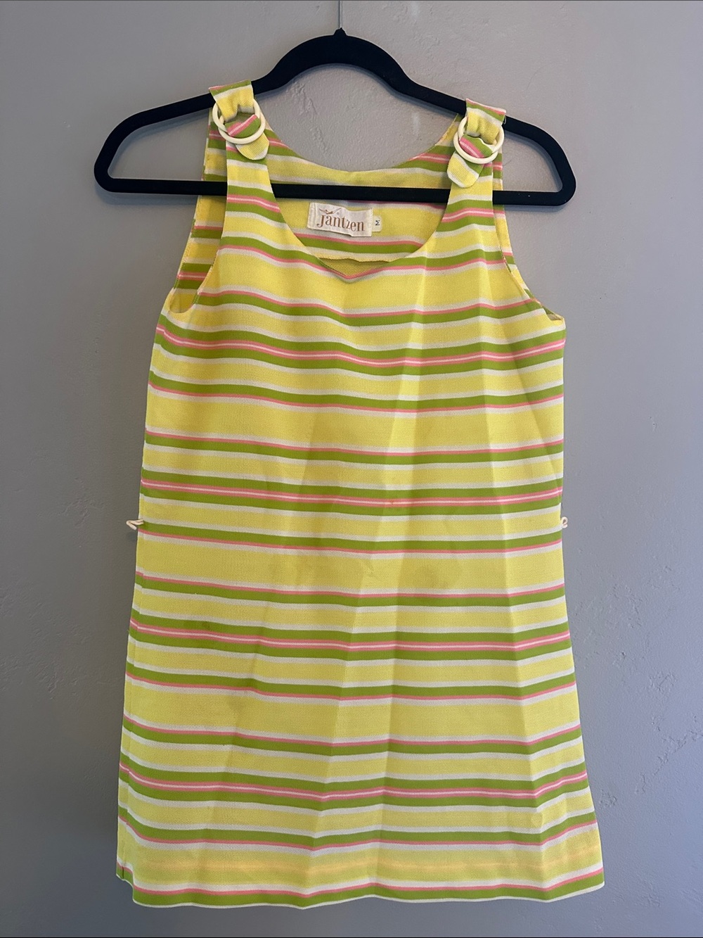 Vintage Jantzen Yellow Striped swimsuit cover with Pink & Green Accents